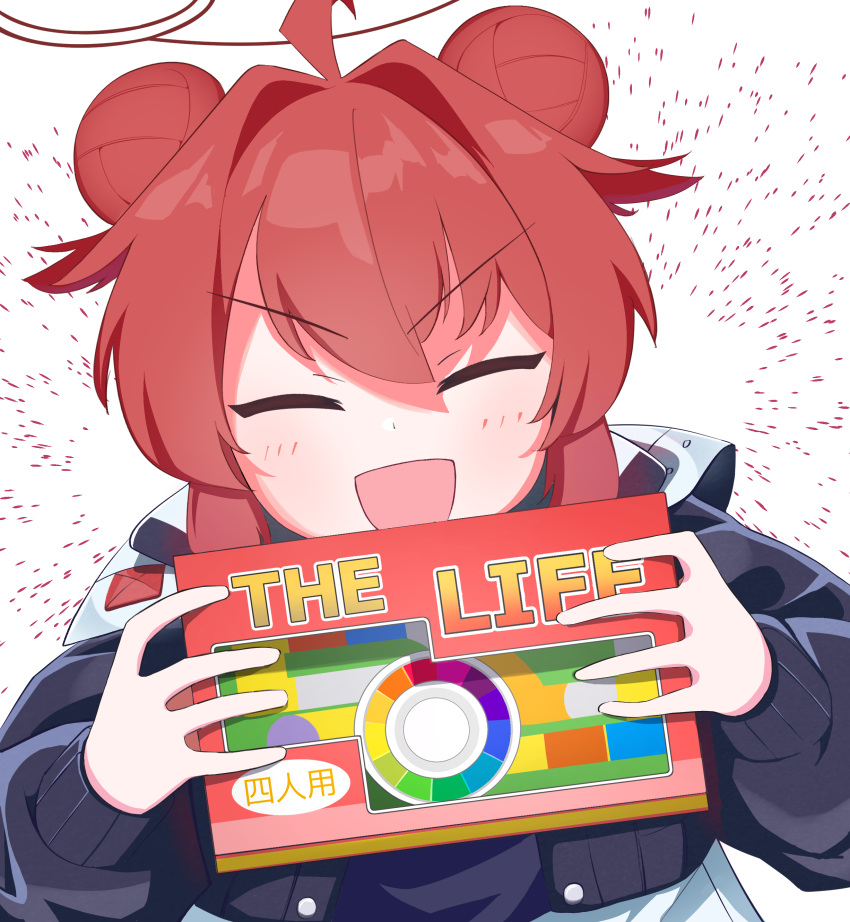 1girl, :d, ^_^, absurdres, ahoge, bilingual_commentary, black_jacket, blue_archive
