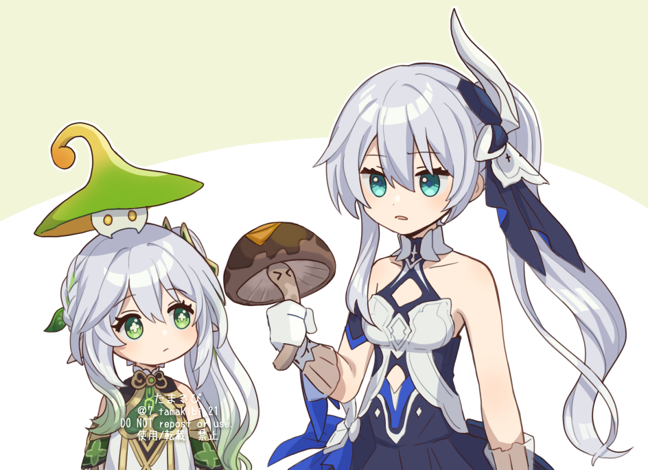 2girls, aqua_eyes, bare_arms, bare_shoulders, blue_dress, breasts, closed_mouth, commentary_request