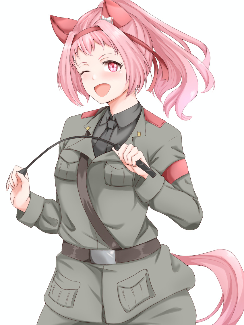 1girl, absurdres, anchovy_(girls_und_panzer), anchovy_(girls_und_panzer)_(cosplay), animal_ears, anzio_military_uniform, armband, belt, black_necktie, bow, cosplay, ear_bow, girls_und_panzer, gomi_ningen_(81848656), grey_jacket, grey_pants, haru_urara_(umamusume), headband, highres, holding, holding_riding_crop, horse_ears, horse_girl, horse_tail, jacket, looking_at_viewer, military_uniform, necktie, one_eye_closed, open_mouth, pants, pink_eyes, pink_hair, riding_crop, sam_browne_belt, solo, tail, umamusume, white_background