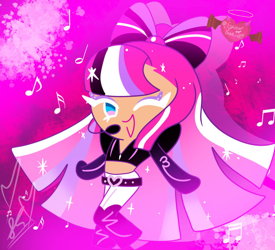 1girl, belt, boots, bow-shaped_hair, cookie_run, cookie_run:_ovenbreak, cropped_jacket, female, glitter, glitter_in_hair, glitter_makeup, headset, heart, long_hair, looking_at_viewer, makeup, multicolored_hair, musical_note, one_eye_closed, pink_hair, shining_glitter_cookie, smile, sylveonkawaii289