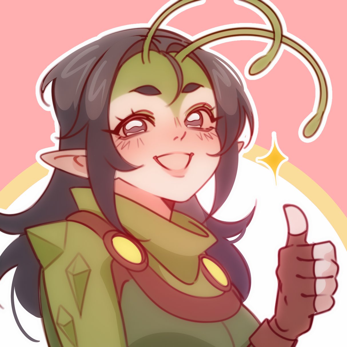 1girl, :d, alien, antennae, black_hair, brown_gloves, colored_skin, commentary