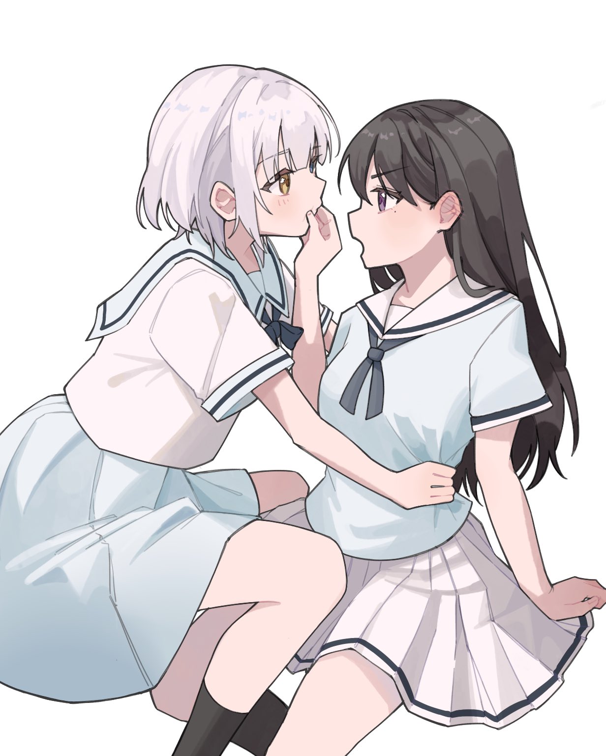 2girls, bang_dream!, bang_dream!_it's_mygo!!!!!, black_hair, black_socks, blue_eyes, blue_sailor_collar, blue_shirt
