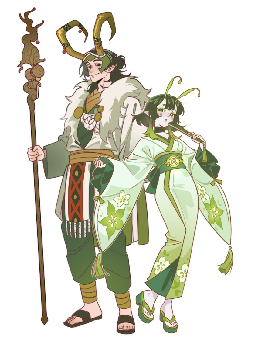 1boy, 1girl, alien, alternate_costume, antennae, black_eyes, black_hair, blunt_bangs