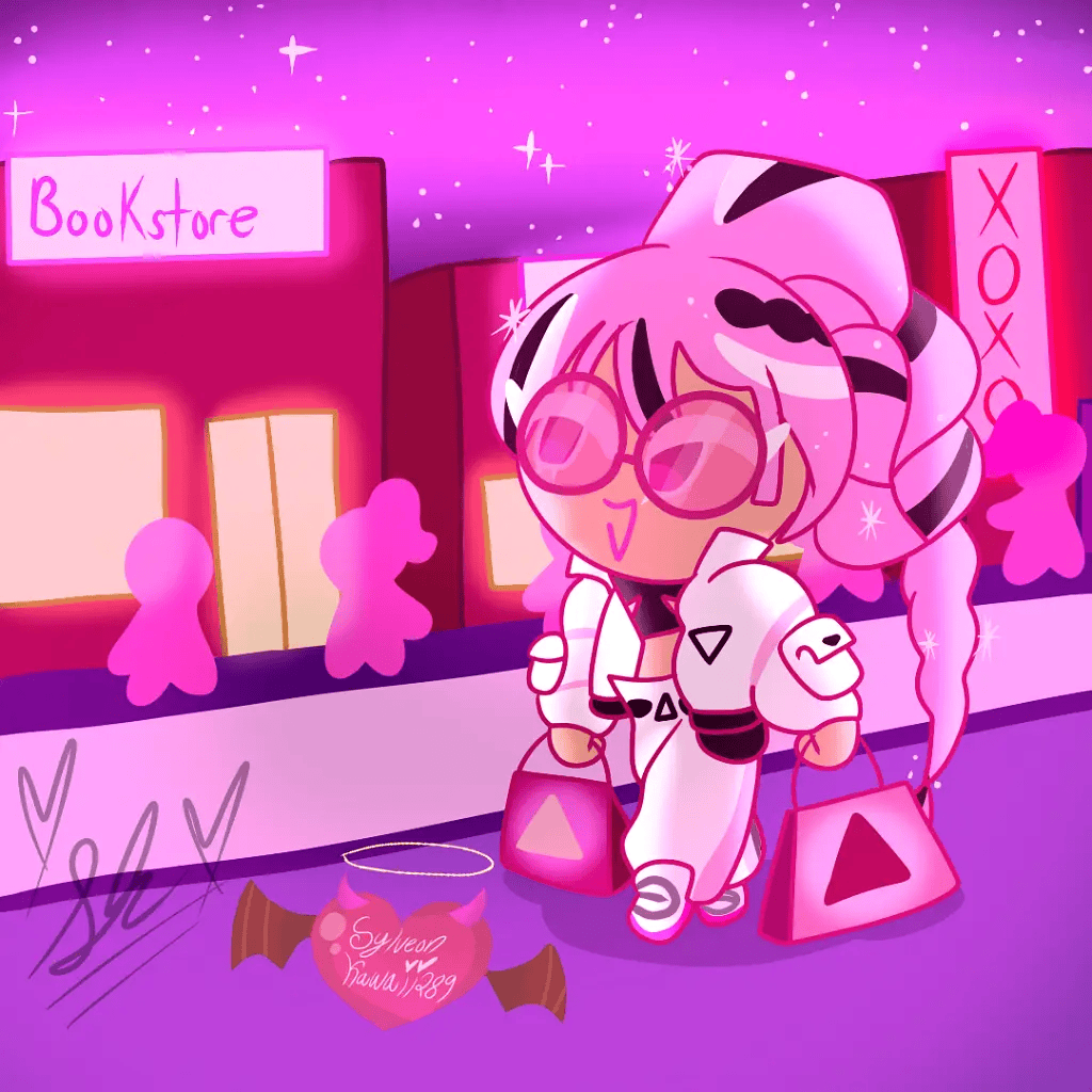 braid, braided_ponytail, cookie_run, cookie_run:_ovenbreak, crop_top, eyelashes, female, glitter, glitter_in_hair, jacket, long_hair, multicolored_hair, open_jacket, pants, pink_hair, shining_glitter_cookie, shining_glitter_cookie_(superstar_airport_attire), shoes, shopping_bag, smile, sunglasses, sylveonkawaii289, third-party_source, walking, white_pants