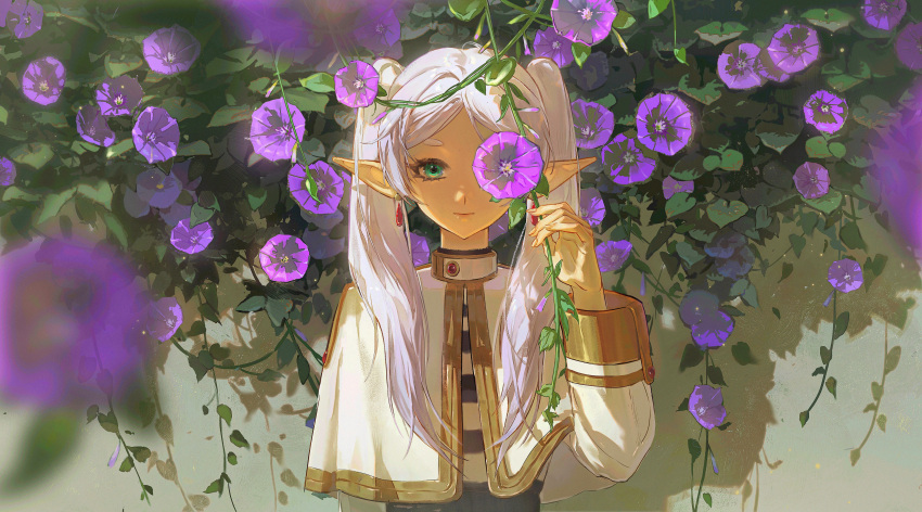 1girl, absurdres, blurry, blurry_foreground, capelet, closed_mouth, commentary, elf, flower, flower_over_eye, frieren, green_eyes, highres, holding, holding_flower, looking_at_viewer, morning_glory, narcisco, pointy_ears, purple_flower, shirt, solo, sousou_no_frieren, straight-on, striped_clothes, striped_shirt, twintails, upper_body, white_capelet, white_hair