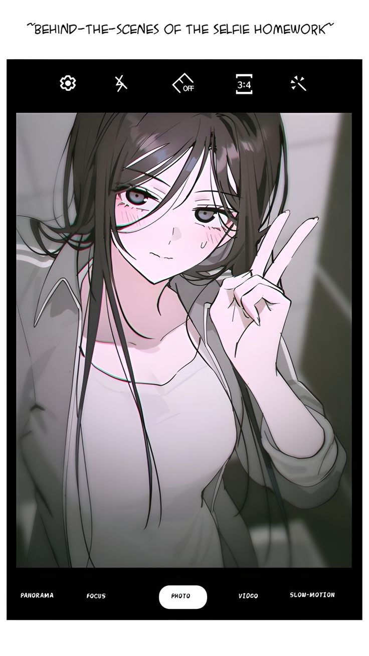 1girl, bags_under_eyes, black_hair, blush, camera_interface, camera_viewfinder, english_text, grey_eyes, grey_jacket, han_yoil, highres, jacket, long_hair, looking_at_viewer, selfie, shirt, shirt_under_jacket, solo, sweatdrop, today's_han_yoil_is_a_woman, upper_body, v, white_shirt
