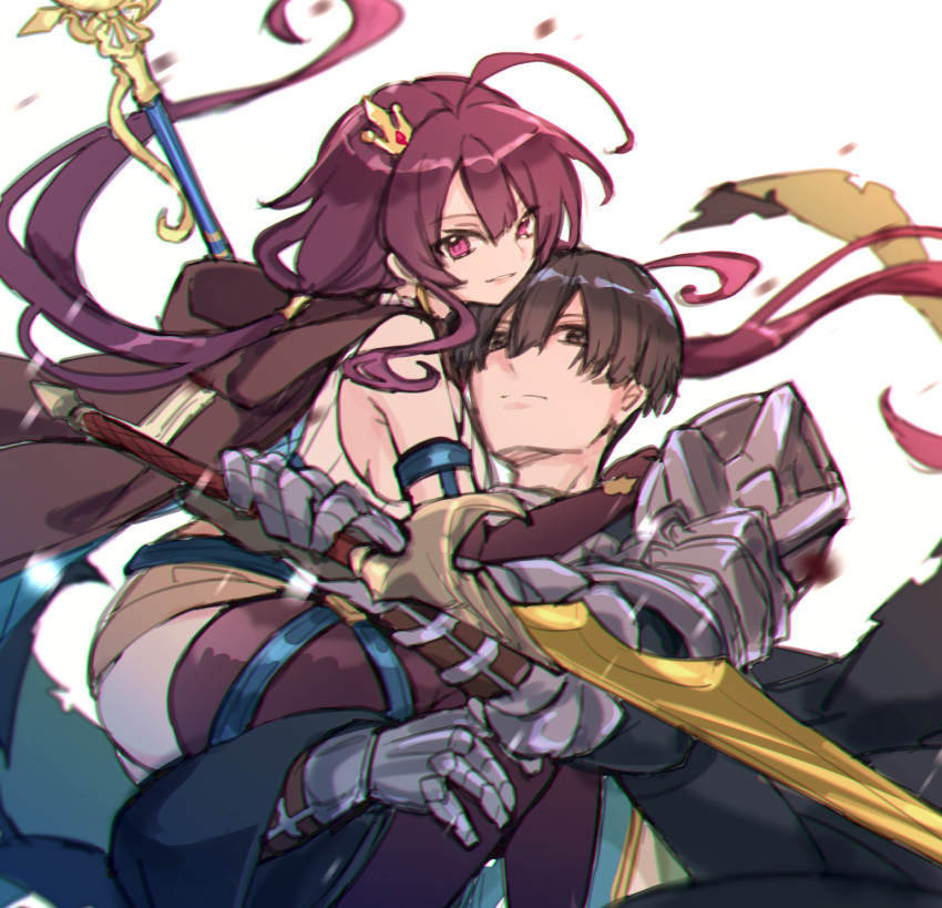 1boy, 1girl, armor, atelier_(series), atelier_sophie_2, belt, black_eyes, black_hair