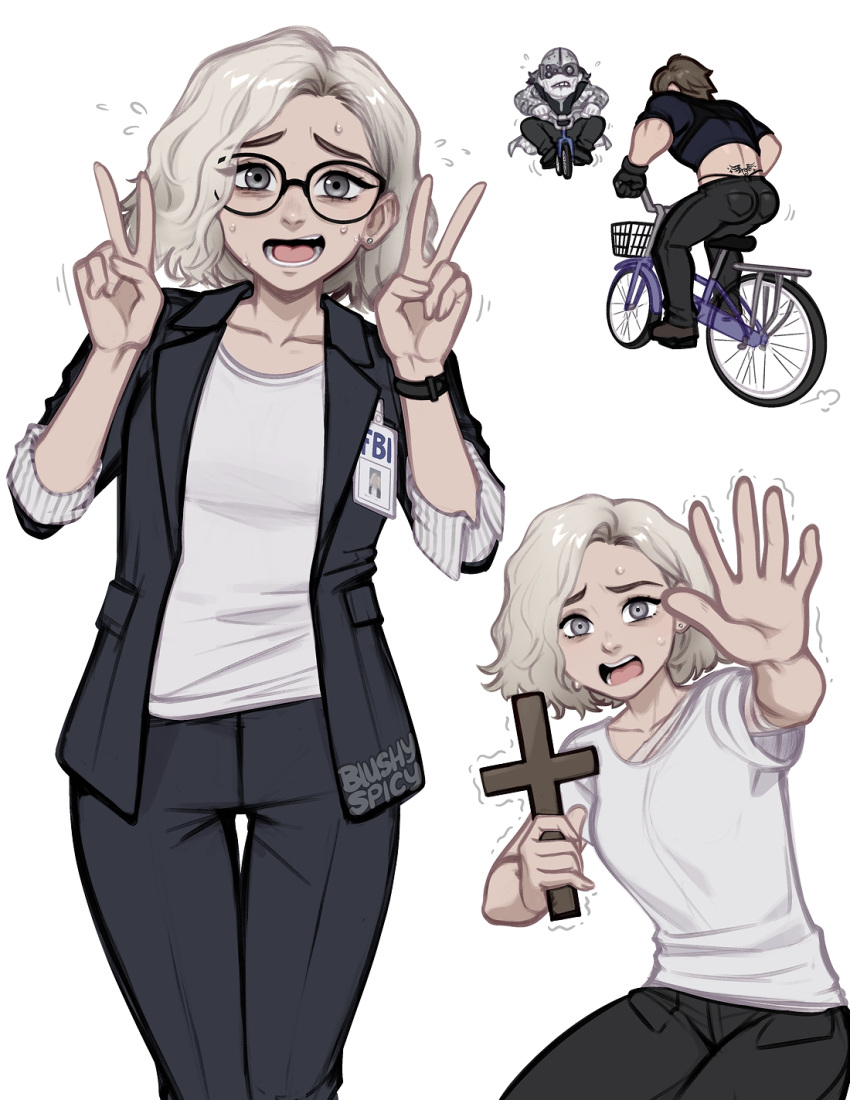 1girl, 2boys, artist_name, ass, back_tattoo, bicycle, blonde_hair, blushyspicy