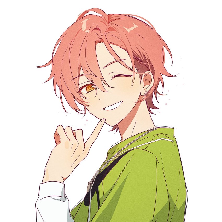 1boy, commentary_request, ear_piercing, ensemble_stars!, from_side, green_shirt, grin, hair_between_eyes