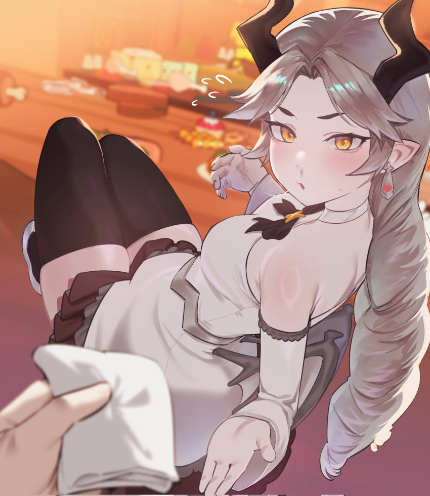 1girl, armpit_crease, bare_shoulders, black_thighhighs, blurry, blurry_background, commentary, corrupted_twitter_file
