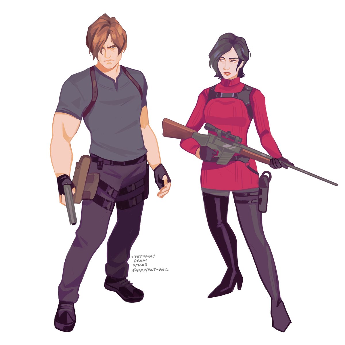 1boy, 1girl, ada_wong, belt, black_gloves, black_hair, black_leggings, blue_shirt, brown_hair, chest_holster, dr-paint, dress, fingerless_gloves, full_body, gloves, gun, handgun, highres, holding, holding_gun, holding_weapon, leg_belt, leggings, leon_s._kennedy, looking_at_another, red_dress, resident_evil, resident_evil_4, rifle, shirt, sniper_rifle, standing, weapon