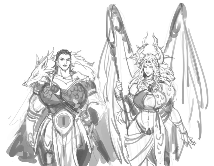 2girls, abs, angel_wings, biceps, breasts, eyes_of_horus_(warhammer_40k), genderswap, genderswap_(mtf)