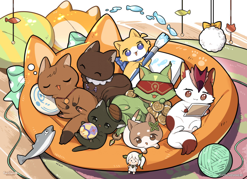 absurdres, animalization, blindfold, cat, character_doll, character_request, coin, colored_blindfold, commentary, doll, duplicate, english_commentary, fish, genshin_impact, gold_coin, hat, hidimbi_(genshin_impact), highres, holding, holding_paintbrush, holding_photo, isak_(genshin_impact), kid_kujirai, nahida_(genshin_impact), no_humans, nusta_(genshin_impact), official_art, on_cushion, paintbrush, photo_(object), red_hat, salsa_(genshin_impact), sleeping, timaeus_(genshin_impact), yarn, yarn_ball, ying'er_(genshin_impact)