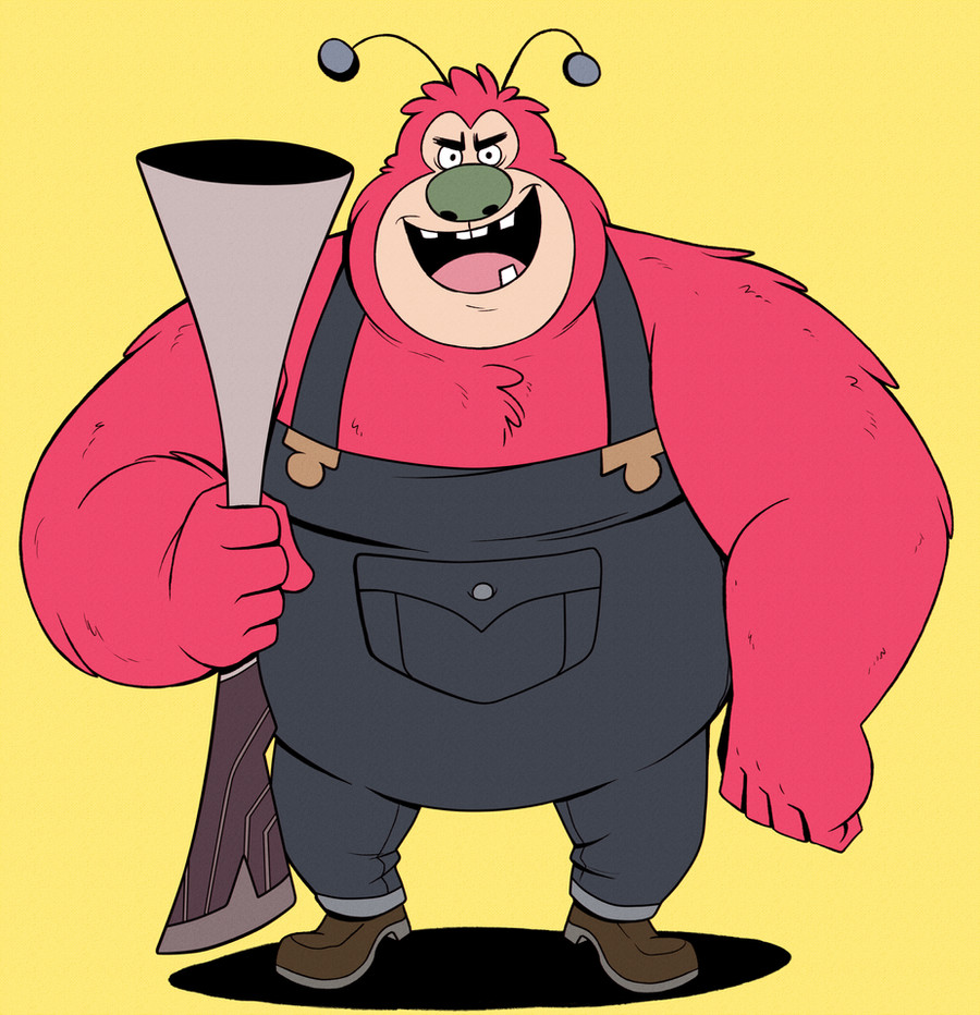 1boy, antennae, antique_firearm, black_eyes, blue_overalls, blunderbuss, boots, brown_boots