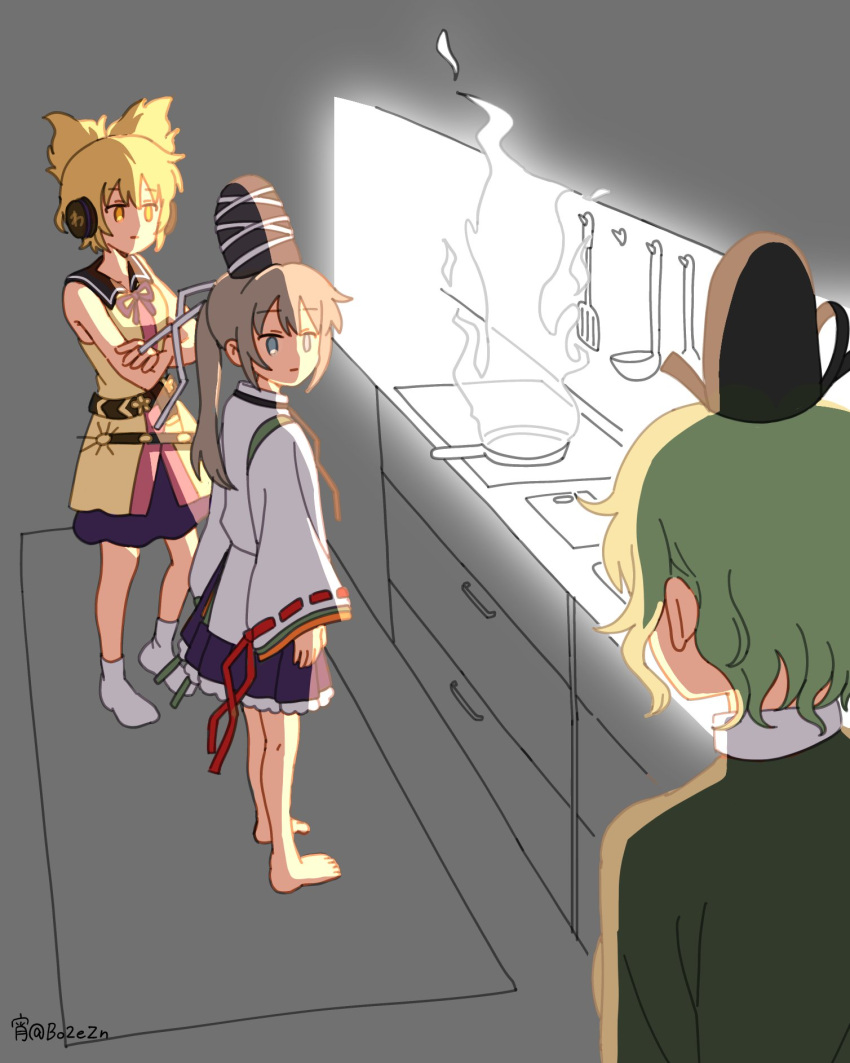 3girls, arms_at_sides, barefoot, blonde_hair, blue_eyes, blue_skirt, chocolate_making_disaster_(meme), closed_mouth, commentary_request, crossed_arms, expressionless, fire, from_behind, frying_pan, full_body, green_hair, grey_hair, hat, headphones, highres, indoors, japanese_clothes, kariginu, kitchen, long_hair, long_sleeves, looking_at_another, looking_to_the_side, meme, mononobe_no_futo, multiple_girls, pointy_hair, ponytail, ribbon-trimmed_sleeves, ribbon_trim, robe, shirt, short_hair, sidelighting, skirt, sleeveless, sleeveless_shirt, socks, soga_no_tojiko, standing, tate_eboshi, touhou, toyosatomimi_no_miko, upper_body, white_robe, yellow_eyes, yellow_shirt, yoi_(bo2ezn)