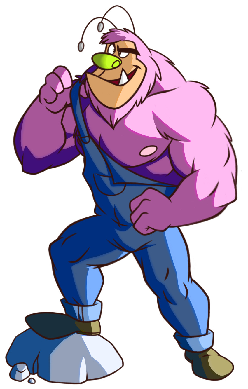1boy, absurdres, antennae, black_eyes, blue_overalls, boots, brown_boots, clenched_hands