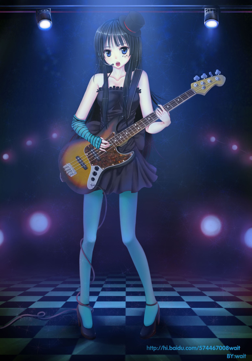 1girl, akiyama_mio, aqua_legwear, bass_guitar, blue_legwear, checkered, checkered_floor, don't_say_"lazy"