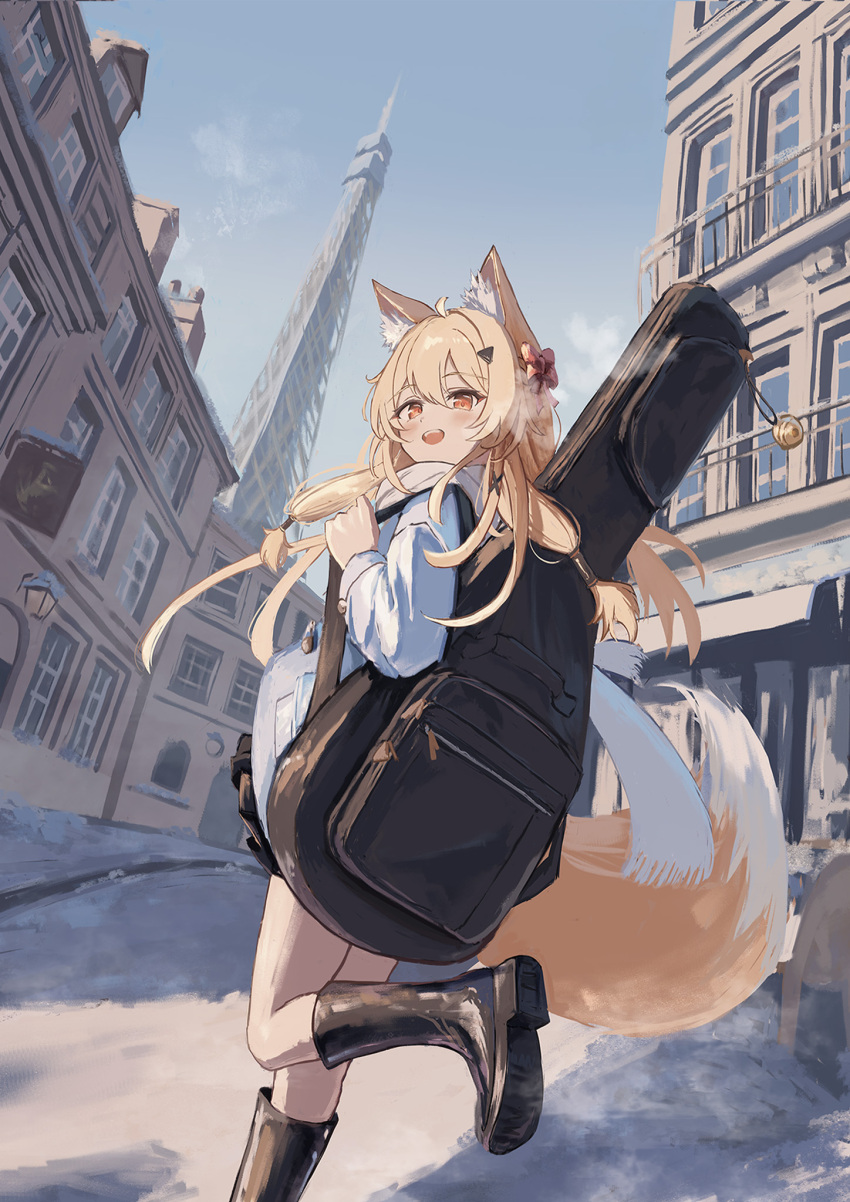 1girl, :d, aemikyo_(oc), ahoge, animal_ear_fluff, animal_ears, bell, black_boots, black_skirt, blonde_hair, blue_coat, blue_sky, boots, bow, braid, breath, building, clouds, coat, commentary, commission, day, double-parted_bangs, english_commentary, foot_out_of_frame, fox_ears, fox_girl, fox_tail, from_behind, guitar_case, hair_between_eyes, hair_bow, hair_ornament, hand_up, highres, holding_strap, instrument_case, jingle_bell, knee_boots, knee_up, kogure0012, long_hair, long_sleeves, looking_at_viewer, looking_back, low_twin_braids, miniskirt, open_mouth, orange_eyes, original, outdoors, pink_bow, pleated_skirt, road, scarf, sidelocks, skeb_commission, skirt, sky, smile, snow, solo, standing, standing_on_one_leg, street, tail, teeth, tower, town, transmission_tower, triangle_hair_ornament, twin_braids, upper_teeth_only, urban, white_scarf, window