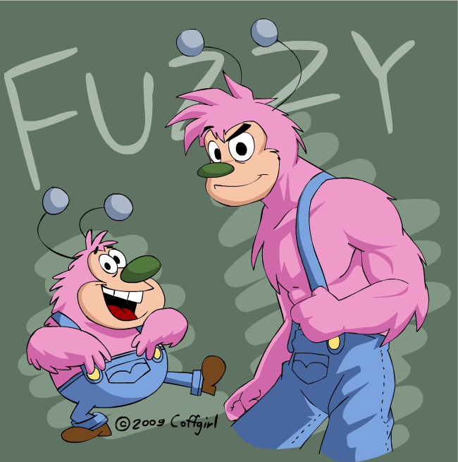 1boy, antennae, artist_name, black_eyes, blue_overalls, boots, brown_boots, character_name, coffgirl, commentary, dated, english_commentary, fuzzy_lumpkins, green_background, male_focus, multiple_forms, muscular, muscular_male, open_mouth, overalls, pink_fur, powerpuff_girls, smile, smirk, toon_(style)
