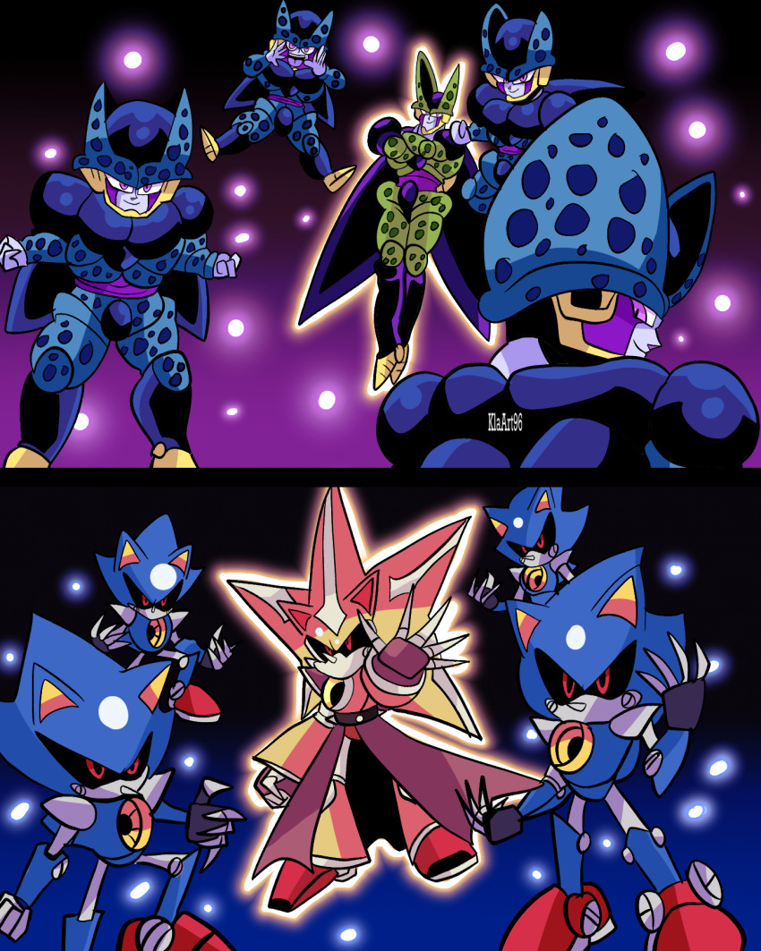 5boys, aerial_battle, animal_nose, armor, battle, black_sclera, blue_armor, cell_(dragon_ball)