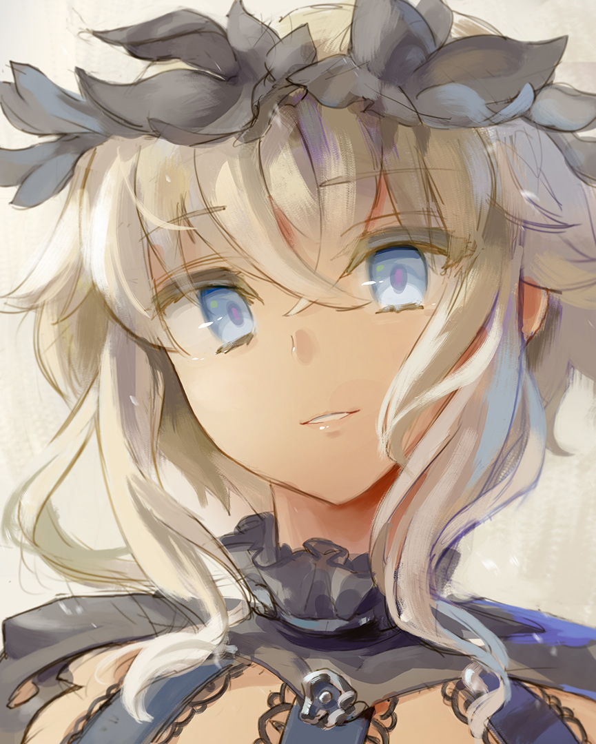 1girl, am_isuel, blue_eyes, commentary, frills, grey_background, kazo_(kazozakazo), laurel_crown