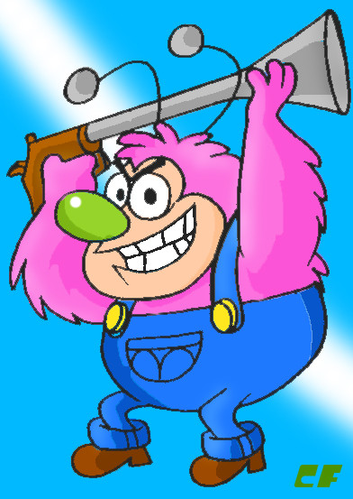 1boy, antennae, antique_firearm, black_eyes, blue_background, blue_overalls, blunderbuss, boots