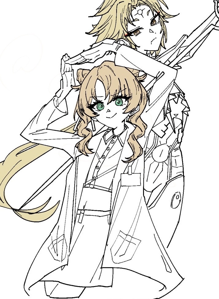 2girls, alph_auto, blonde_hair, brown_eyes, buttons, commentary_request, double_bun, girls'_frontline_2:_exilium