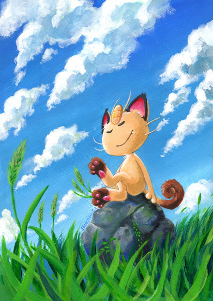closed_eyes, eyes_closed, grass, meowth, no_humans, pixiv_thumbnail, pokemon, pokemon_(creature)