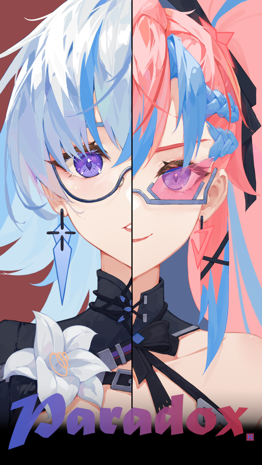 1girl, absurdres, bare_shoulders, blue_hair, commentary_request, dress, earrings, glasses, hair_between_eyes, highres, jewelry, kana_kana_(qq1414933589), long_hair, looking_at_viewer, multicolored_hair, parted_lips, pink_hair, plotti_(tower_of_fantasy), ribbon, smile, solo, tower_of_fantasy, twintails, violet_eyes