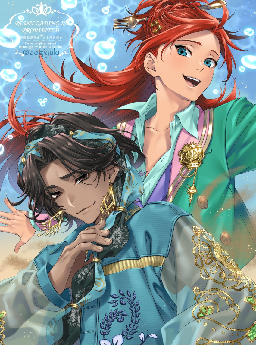 2boys, aogiyuki, aqua_headscarf, blue_eyes, brooch, brown_eyes, brown_hair, bubble, caustics, closed_mouth, commentary, dark-skinned_male, dark_skin, earrings, fork_hair_ornament, gold_earrings, green_jacket, headscarf, highres, jacket, jewelry, long_hair, long_sleeves, looking_at_viewer, male_focus, minajael_tealrajah, multiple_boys, open_clothes, open_jacket, open_mouth, parted_bangs, red_hair, rielle_corallia, smile, twisted_wonderland, twitter_username, upper_body