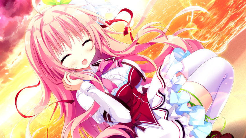 1girl, :d, ^_^, ahoge, beach, blush, bow, bowtie