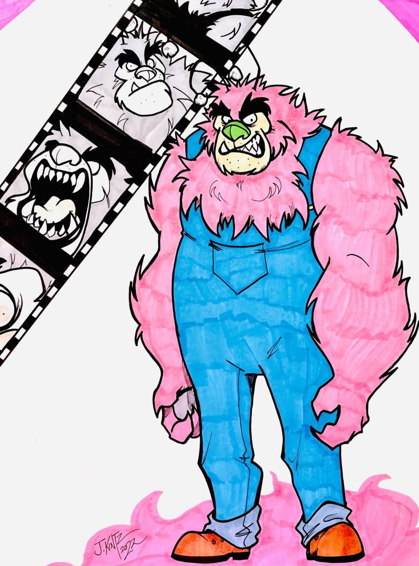 1boy, angry, antennae, black_eyes, blue_overalls, boots, brown_boots, claws, commentary, dated, english_commentary, fang, fat, feel-the-fire, film_strip, full_body, fuzzy_lumpkins, highres, looking_at_viewer, male_focus, multiple_expressions, muscular, muscular_male, overalls, painting_(medium), pink_background, pink_fur, powerpuff_girls, sharp_teeth, signature, teeth, traditional_media, watercolor_(medium), white_background