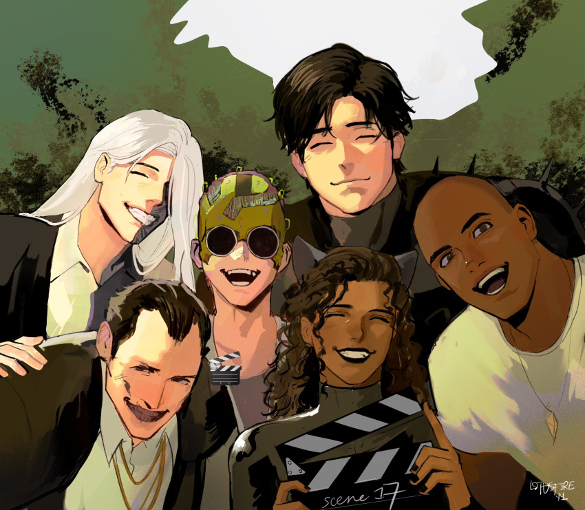 1girl, 5boys, absolute_batman, absolute_dc, bald, batman, batman_(series), black_hair