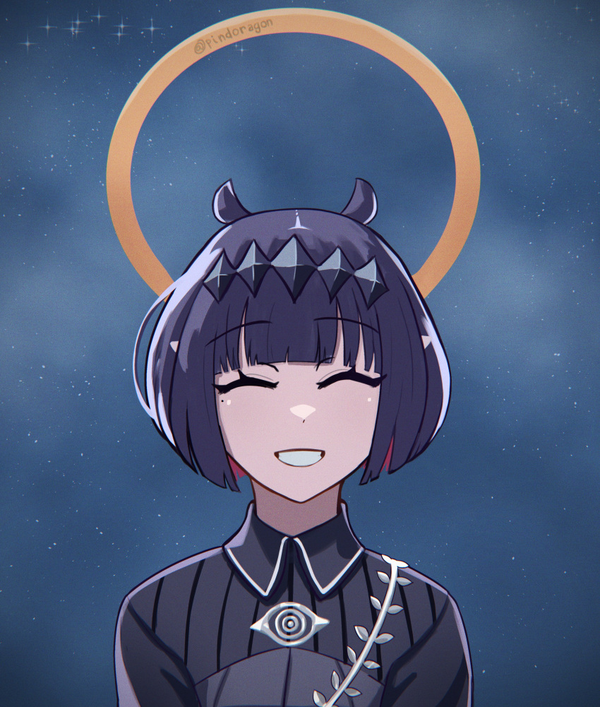 1girl, absurdres, black_dress, blue_background, blunt_bangs, bob_cut, commentary, dress