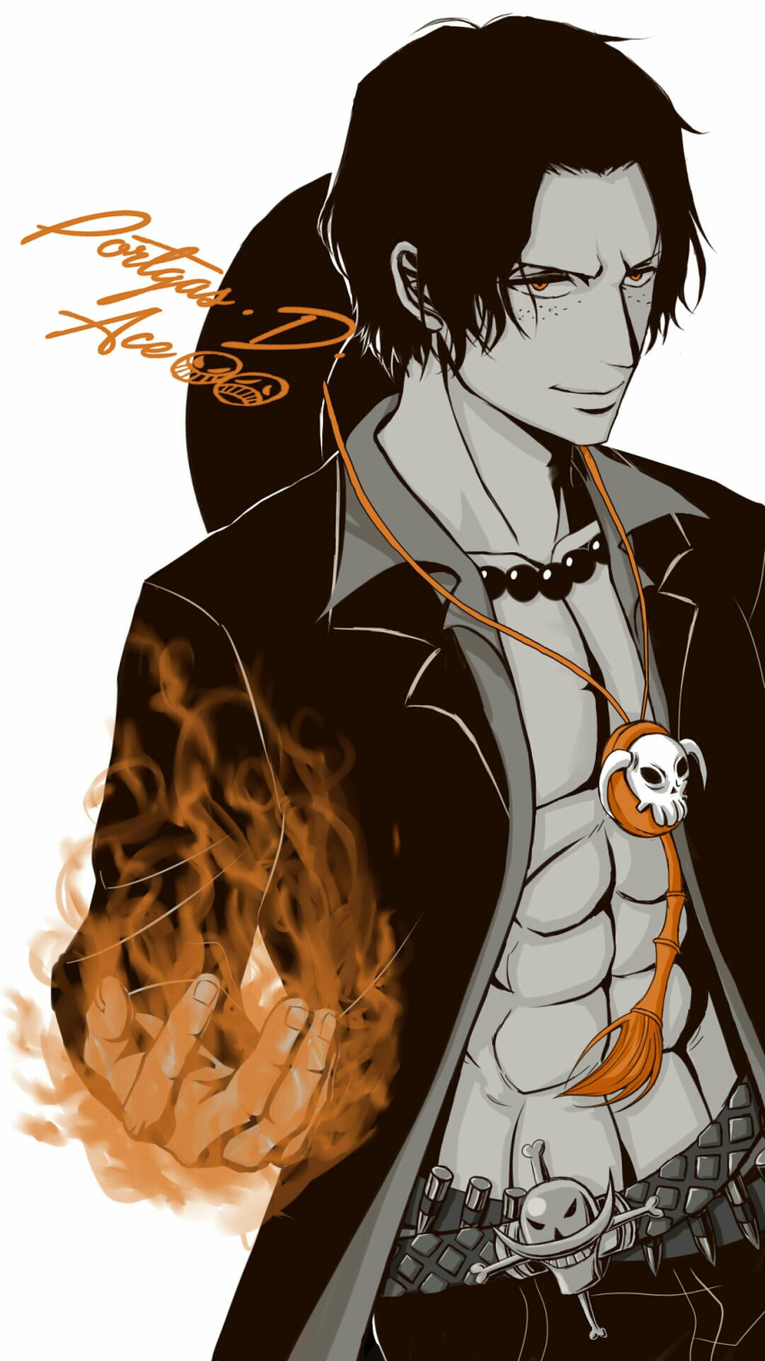 1boy, abs, belt, character_name, fire, freckles, highres, jewelry