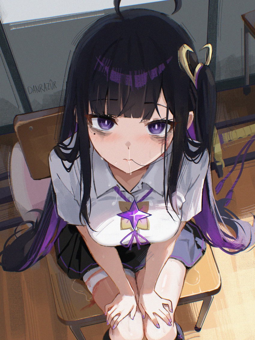 1girl, ahoge, bags_under_eyes, bandages, black_hair, black_skirt, blood, blunt_bangs, chair, chitose_(stella_sora), closed_mouth, commentary, crying, crying_with_eyes_open, danraz0r, eyebrows_visible_through_hair, from_above, hair_in_mouth, hand_on_own_thigh, hands_on_legs, hands_on_own_legs, hands_on_own_thighs, hands_on_thighs, highres, katana, lips, looking_at_viewer, looking_up, multicolored_hair, purple_eyes, purple_hair, purple_nails, purple_ribbon, ribbon, shirt, sitting, skirt, solo, stella_sora, sword, violet_eyes, weapon, wet, white_shirt