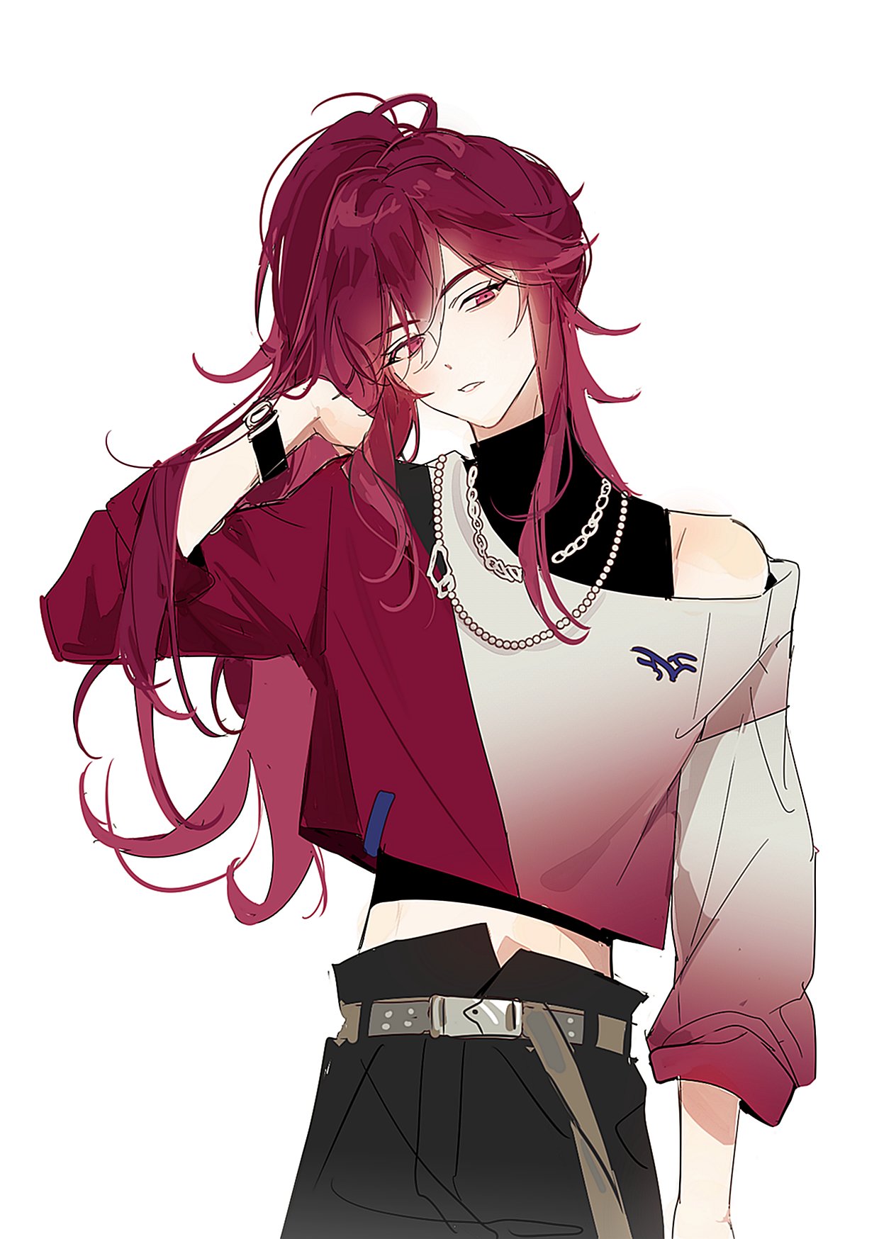 1boy, belt, black_pants, black_undershirt, chain, chain_necklace, commentary_request, cowboy_shot