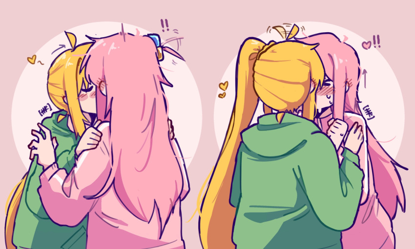 >_<, 2girls, ahoge, ahoge_wag, april_fools, blonde_hair, blush, bocchi_the_rock!