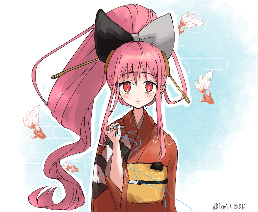 1girl, animal_print, artist_name, blue_background, bow, button_hair_ornament, calico_(pattern), calico_cat