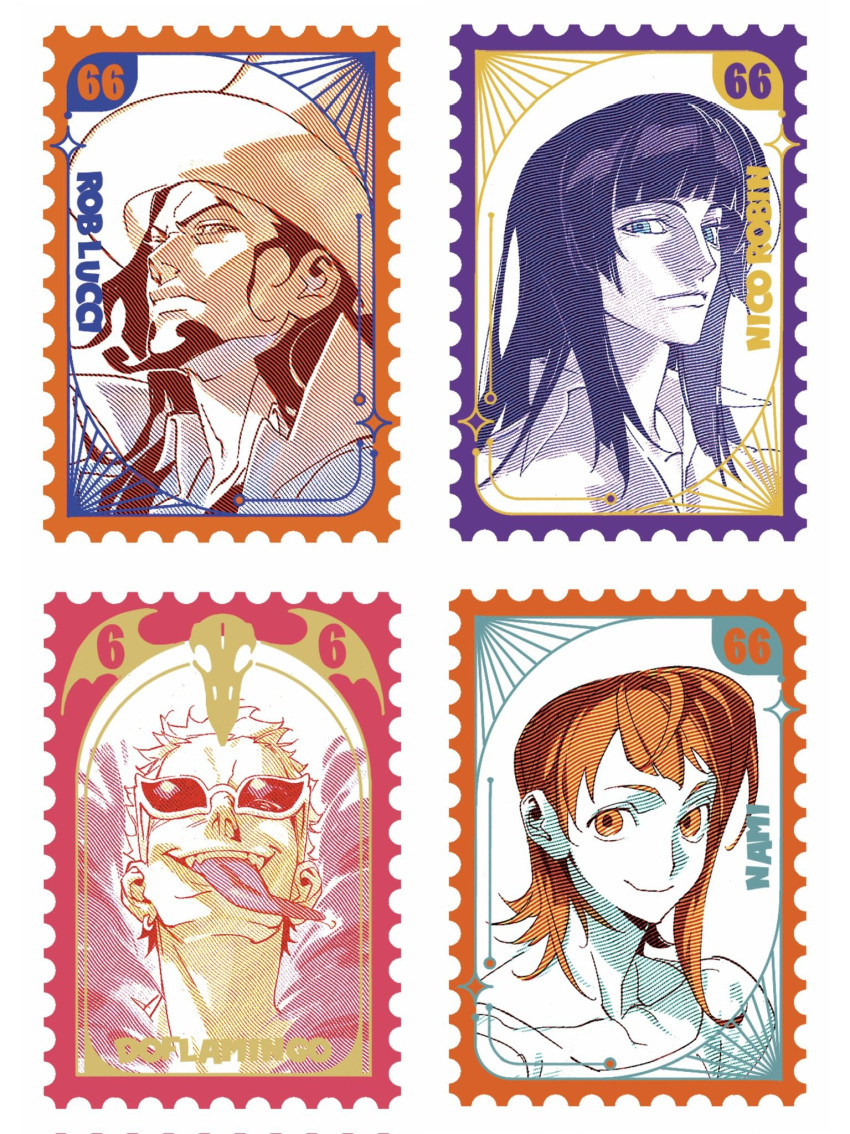 2boys, 2girls, blue_eyes, blunt_bangs, character_name, commentary, donquixote_doflamingo, earrings