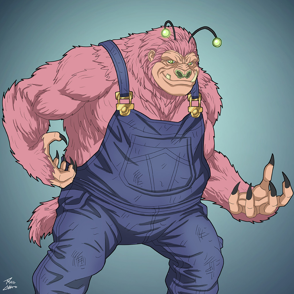 1boy, antennae, blue_background, blue_overalls, claws, commentary, cowboy_shot, english_commentary