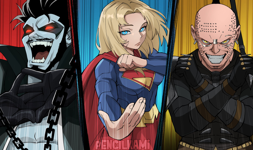 1girl, 2boys, absurdres, blonde_hair, blue_bodysuit, bodysuit, cape, commentary