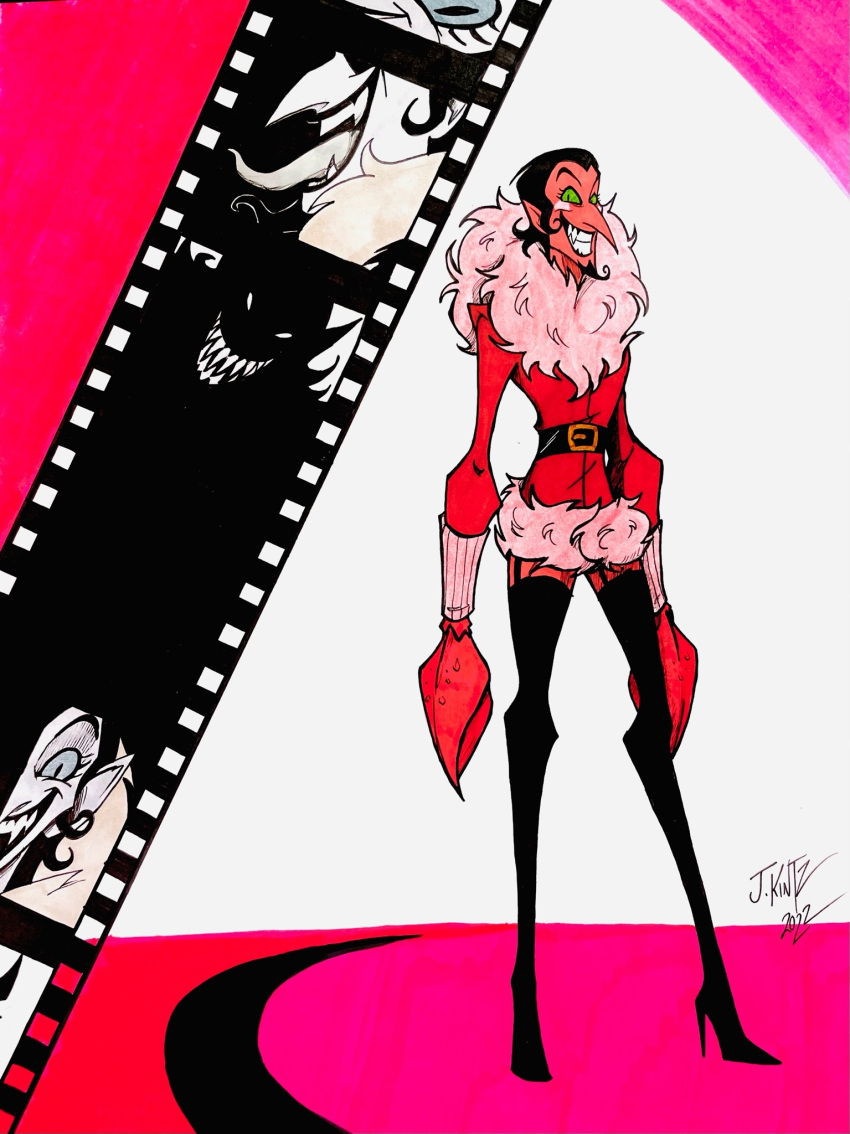 1boy, belt, black_belt, black_eyes, black_hair, black_thighhighs, boots, colored_sclera, colored_skin, commentary, crab_claw, dated, demon, demon_boy, dress, english_commentary, evil_grin, evil_smile, facial_hair, fangs, feel-the-fire, film_strip, forked_tongue, full_body, fur-trimmed_dress, fur_trim, goatee, green_sclera, grin, hair_slicked_back, high_heel_boots, high_heels, highres, him_(powerpuff_girls), long_tongue, male_focus, multiple_expressions, pink_fur, pointy_ears, powerpuff_girls, red_background, red_dress, red_skin, short_dress, signature, slit_pupils, smile, standing, thigh-highs, thigh_boots, tongue, white_background, widow's_peak