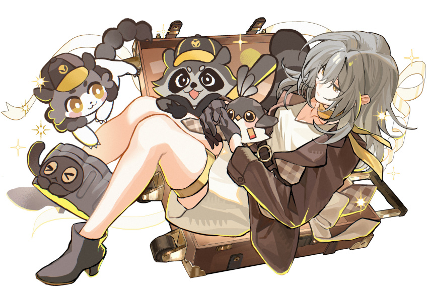 1girl, absurdres, alternate_costume, animal, animalization, black_boots, black_gloves, boots, brown_jacket, chimera_(honkai:_star_rail), commentary_request, dress, full_body, galactic_baseballer_(honkai:_star_rail), gloves, grey_hair, high_heel_boots, high_heels, highres, holding, holding_animal, honkai:_star_rail, honkai_(series), in_container, jacket, knees_up, long_hair, meat7955, multiple_persona, parted_lips, person_and_animalization, rolling_suitcase, scarf, simple_background, sitting, solo, stelle_(honkai:_star_rail), suitcase, thigh_strap, trailblazer_(honkai:_star_rail), trailblazer_(trailbirder)_(honkai:_star_rail), trailblazer_(trash_cake)_(honkai:_star_rail), white_background, white_dress, yellow_eyes, yellow_scarf
