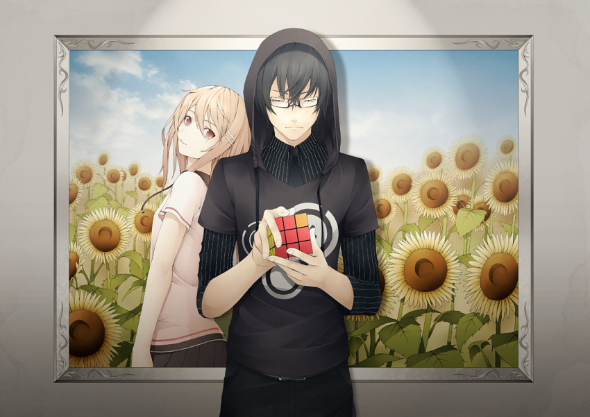 black_hair, glasses, kyoeiki, original, sunflower