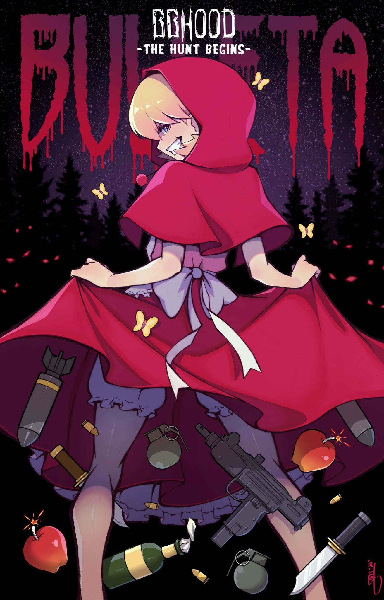 1girl, ammunition, apple, apron, b.b._hood, back_bow, blonde_hair, bloomers, blue_eyes, bomb, bottle, bow, bug, bullet, butterfly, candy, capelet, clothes_lift, commentary, copyright_name, darkstalkers, dress, dress_lift, english_commentary, english_text, evil_grin, evil_smile, explosive, fake_food, feet_out_of_frame, food, frilled_apron, frills, from_behind, fruit, grenade, grin, gun, highres, holding_own_skirt, hood, hood_up, hooded_capelet, its_just_suppi, knife, lifting_own_clothes, lollipop, looking_at_viewer, looking_back, missile, molotov_cocktail, mouth_hold, multiple_weapons, night, red_capelet, red_dress, red_hood, sharp_teeth, shell_casing, short_hair, skirt, skirt_basket, skirt_lift, sky, smile, solo, standing, star_(sky), starry_sky, submachine_gun, teeth, too_many_weapons, tree, underwear, weapon, white_apron, white_bloomers, white_bow, wine_bottle
