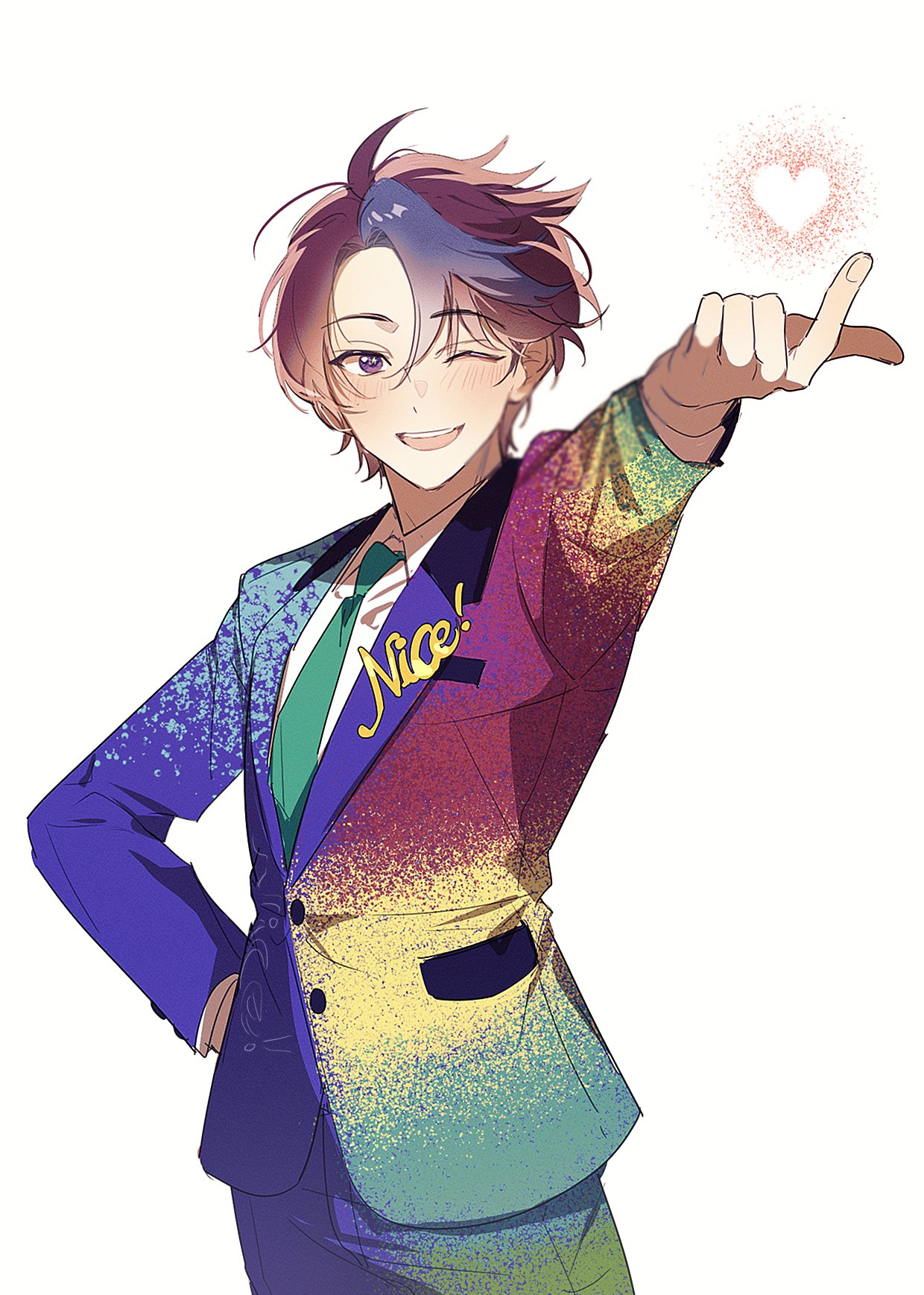 1boy, :d, arm_up, blue_streaks, blush, brown_hair, closed_eyes, commentary_request