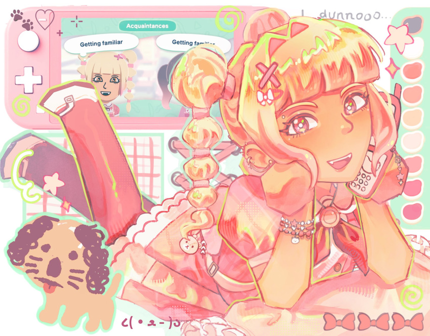 1girl, bead_bracelet, beads, blonde_hair, blunt_bangs, blush, bow, bracelet