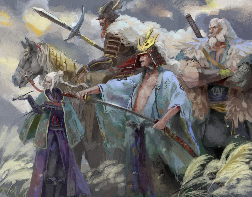 1girl, 3boys, animal, armor, ashina_isshin, beard, between_fingers, black_hair