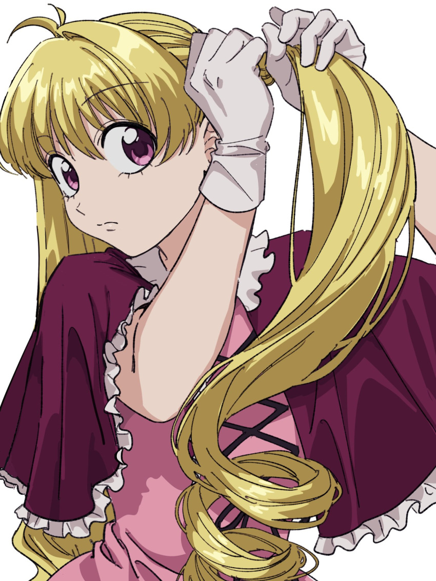1girl, biscuit_krueger, capelet, cross-laced_clothes, cross-laced_top, dress, drill_hair, drill_ponytail